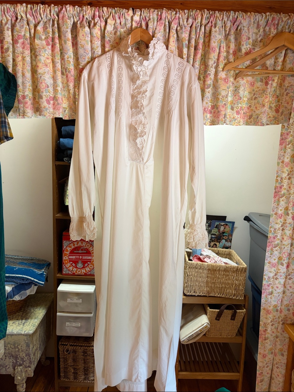 Victorian white long eyelet-trim gown….